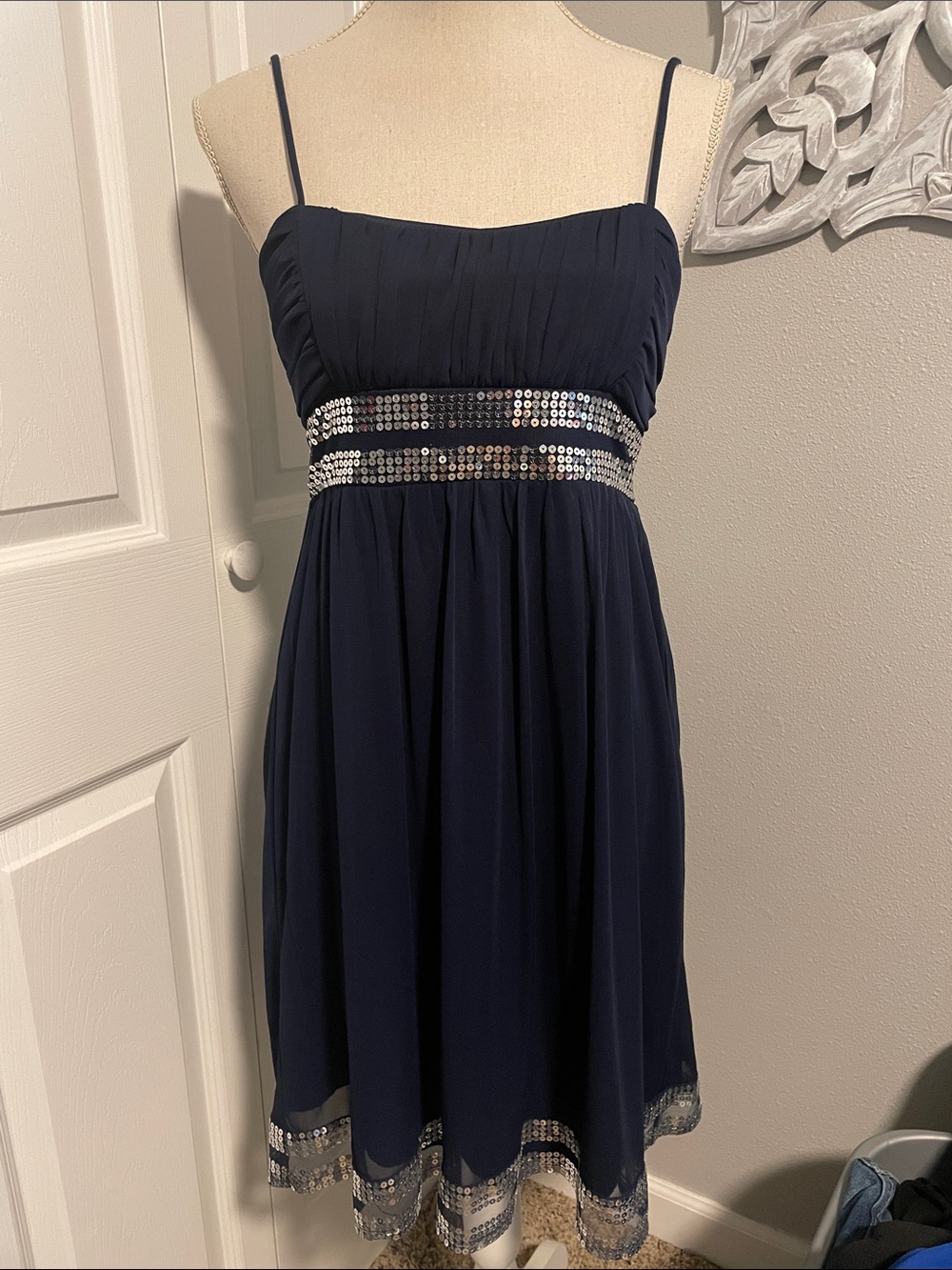 City Triangles Navy Spaghetti Strap Mini Dress with Sequin Bands